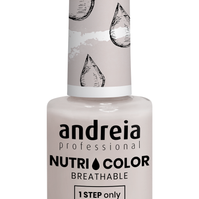 Frasco de verniz de unhas Andreia Nutri Color Breathable com tampa branca e texto VEGAN.