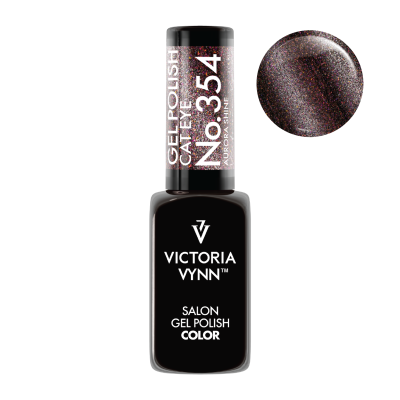 Frasco de verniz gel para unhas preto Victoria Vynn e amostra da cor castanha metálica.
