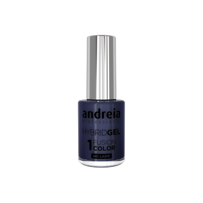 Frasco de verniz de unhas azul escuro com tampa prateada e texto preto