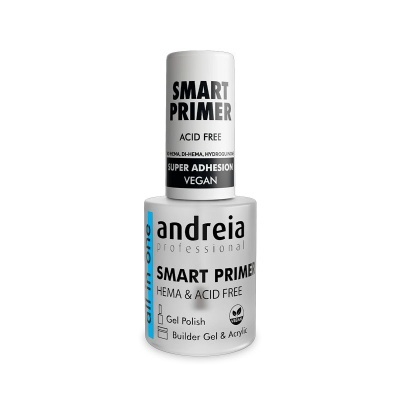 Frasco branco de primer para unhas Andreia Professional com texto preto e azul.