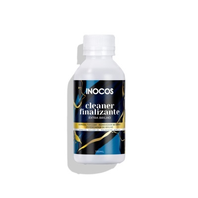 Frasco branco de plástico com rótulo azul escuro, preto e dourado do produto cleaner finalizante da marca INOCOS.