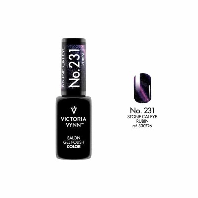 Verniz gel preto Victoria Vynn No. 231 Stone Cat Eye Rubin com amostra da cor roxa glitter