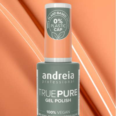 Verniz em gel verde acinzentado da marca andreia professional com selo ecológico em fundo laranja.