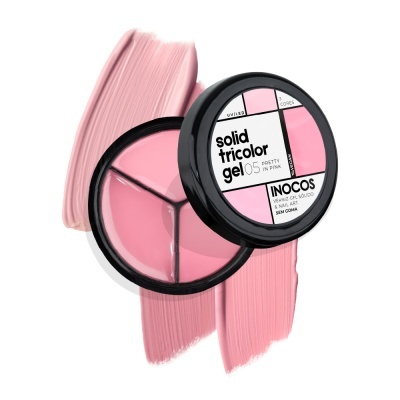 Pote de verniz gel tricolor rosa da marca INOCOS com tampa rotulada