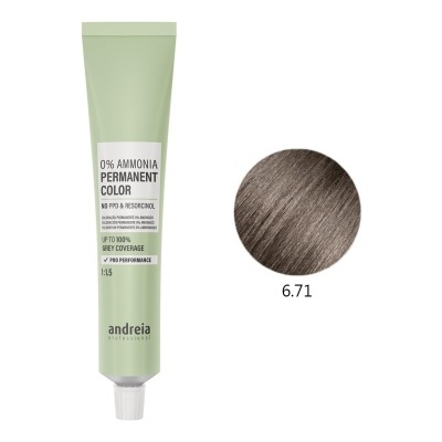 Tubo de tinta para cabelo permanente e amostra de cor castanha acinzentada 6.71