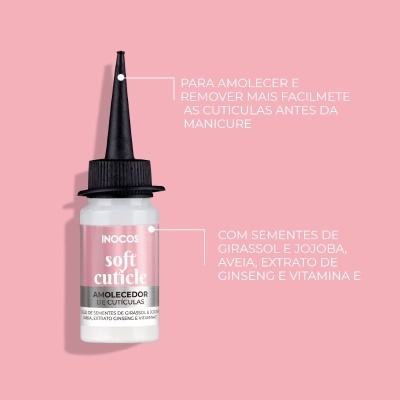 Frasco branco com rótulo rosa e tampa preta de amolecedor de cutículas INOCOS em fundo rosa