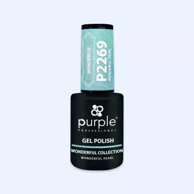 Frasco de verniz gel azul perlado com embalagem preta.