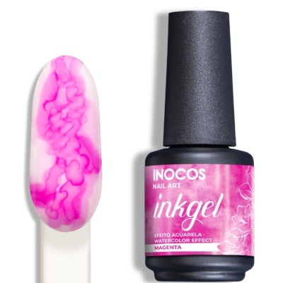 Frasco de verniz gel INOCOS inkgel magenta com amostra de unha pintada