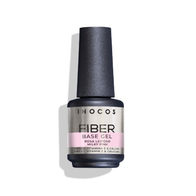 Frasco de base gel para unhas INOCOS Fiber Base Gel Rosa Leitoso em fundo branco