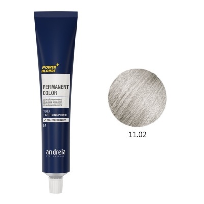 Tubo azul de tinta para cabelo e círculo com amostra de cor platinada 11.02