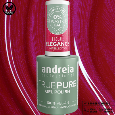 Frasco de verniz gel Andreia profissional True Pure verde com tampa branca e fundo vermelho brilhante
