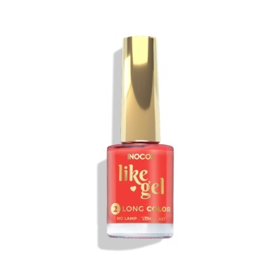 Frasco de verniz de unhas cor coral com tampa dourada e texto dourado