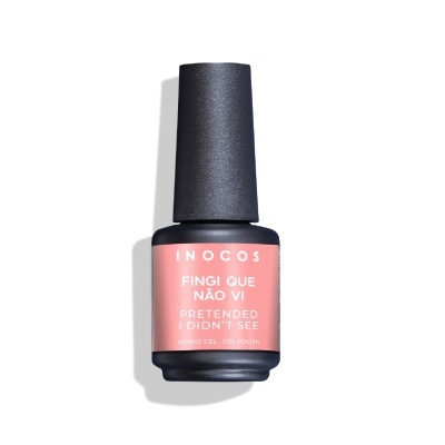 Frasco de verniz gel para unhas rosa da marca INOCOS com tampa preta.