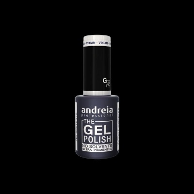 Frasco de verniz gel cinza escuro da marca andreia professional com tampa preta e texto no rótulo.