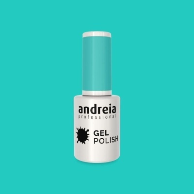 Verniz gel para unhas branco com tampa azul-turquesa e texto preto