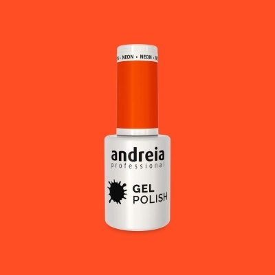 Frasco de verniz gel laranja com tampa branca e rótulo Andreia Professional