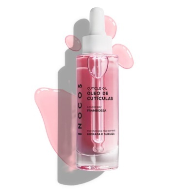 Frasco de óleo de cutículas rosa transparente da marca INOCOS com conta-gotas branco