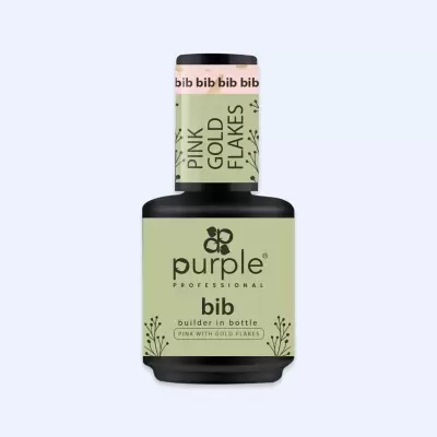 Frasco de verniz Purple Professional bib com rótulo verde e texto PINK GOLD FLAKES