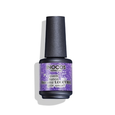Frasco de verniz gel roxo glitter com escrita em português