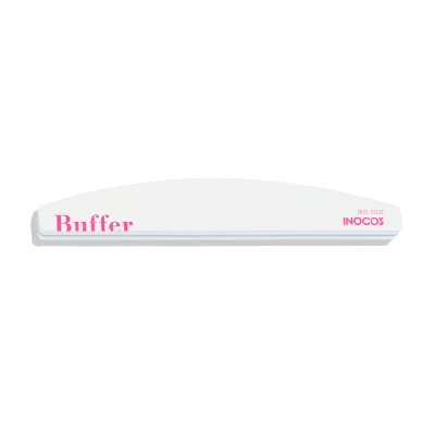 Bloco buffer de unha branco com texto rosa e formato arqueado