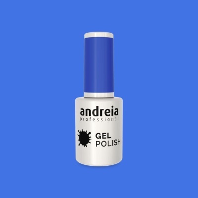 Frasco branco de verniz de gel com tampa azul e texto preto andreia professional GEL POLISH