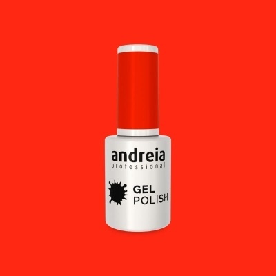 Frasco de verniz gel branco com tampa vermelha da marca andreia professional em fundo vermelho