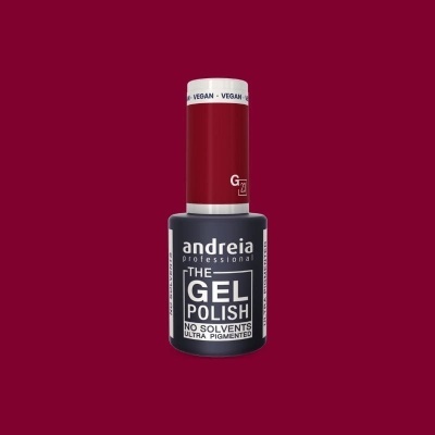 Frasco de verniz gel Andreia Professional com tampa vermelha e rótulo preto e branco