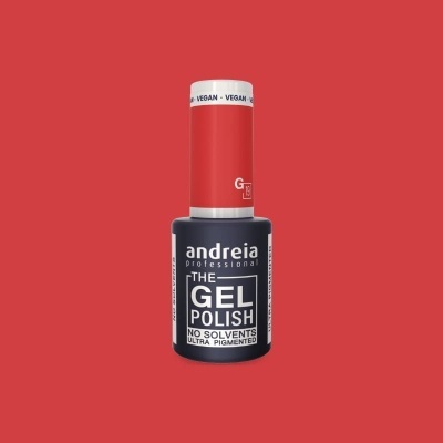 Frasco de verniz gel para unhas com rótulo preto e tampa vermelha