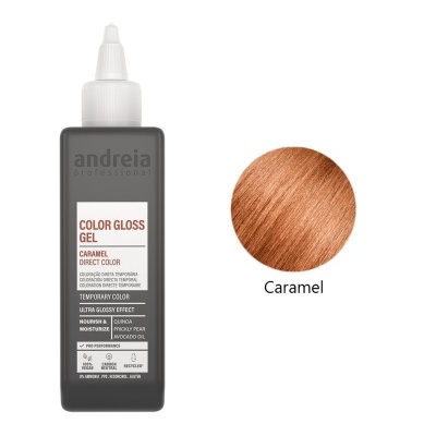 Frasco de gel de cor para cabelo em tom caramelo com amostra de cor