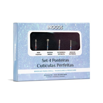 Set de 4 ponteiras para manicure e pedicure da marca INOCOS em embalagem azul holográfica.