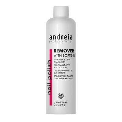 Frasco branco de removedor de verniz Andreia professional com texto e selo vegan