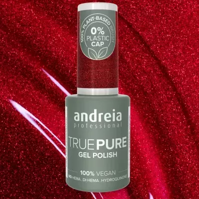 Frasco de verniz gel para unhas cinza fosco da marca andreia professional sobre fundo vermelho brilhante