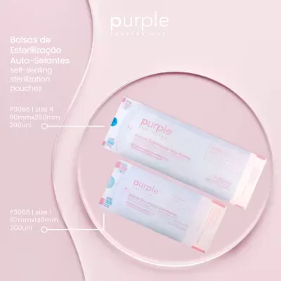 Bolsas de esterilização auto-selantes Purple Professional em fundo rosa