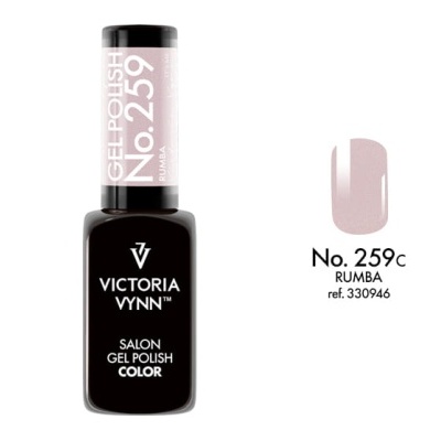 Frasco de verniz gel Victoria Vynn preto e amostra da cor nude No. 259C RUMBA.