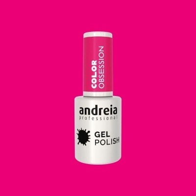 Frasco de verniz gel Andreia com tampa rosa e texto Color Obsession