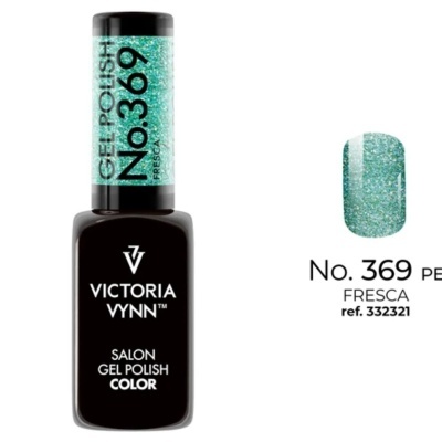 Esmalte gel Victoria Vynn No. 369 Fresca em frasco preto com tampa azul turquesa glitter