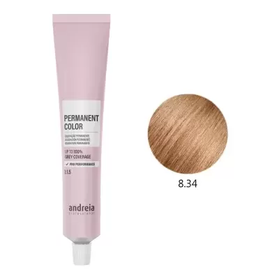 Tubo rosa de tinta de cabelo permanente Andreia com amostra de cor castanho claro dourado 8.34