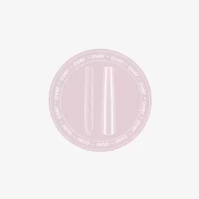 Moldes transparentes para unhas com textura ondulada sobre fundo rosa com texto branco