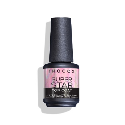 Frasco preto fosco de verniz de unhas INOCOS SUPER STAR TOP COAT com rótulo holográfico rosa e preto