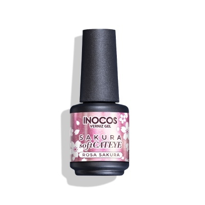 Frasco de verniz gel para unhas cor rosa com tampa preta e rótulo floral
