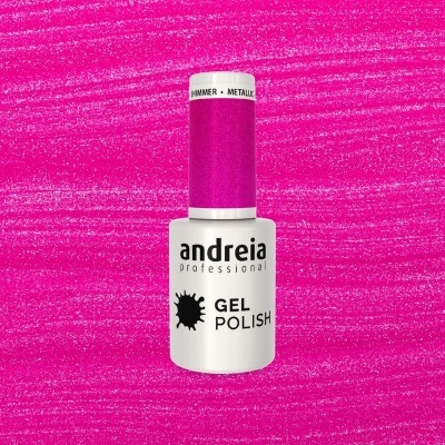 Frasco de verniz gel rosa metálico Andreia professional sobre fundo rosa metálico