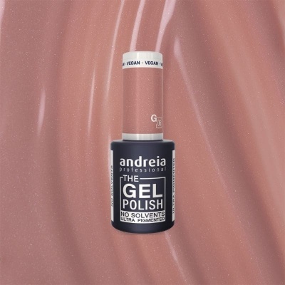 Frasco de verniz gel rosa com brilho da marca andreia professional