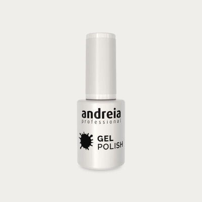 Frasco de verniz gel branco Andreia professional com texto GEL POLISH e desenho de mancha preta
