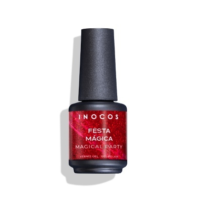 Frasco de verniz gel vermelho brilhante com glitter da marca INOCOS