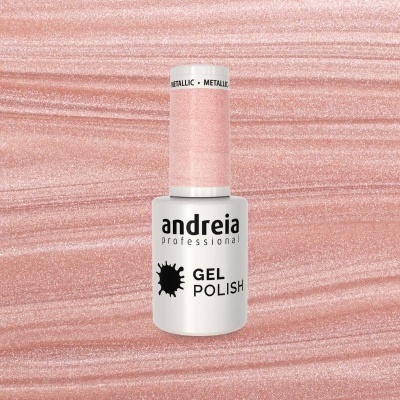 Frasco de verniz gel para unhas rosa metálico da Andreia Professional.