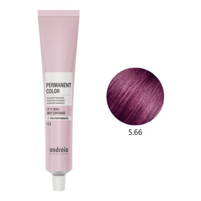 Tubo rosa de tinta para cabelo com amostra de cor roxa 5.66