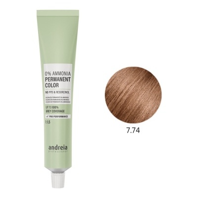 Tubo verde de coloração permanente Andreia e amostra de cabelo castanho claro 7.74