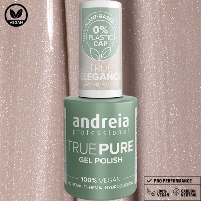 Verniz gel Andreia Professional True Pure em embalagem verde com tampão branco e fundo rosa brilhante