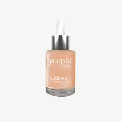 Frasco de cuticle oil dourado com conta-gotas prata e branco da marca Purple Professional