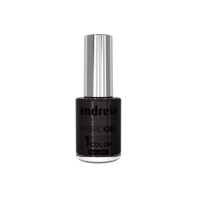 Frasco de verniz de unhas preto com tampa prateada e texto impresso